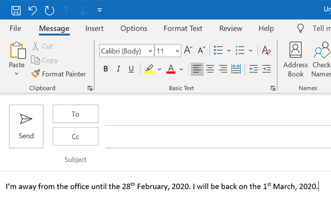 setout of office in outlook for mac